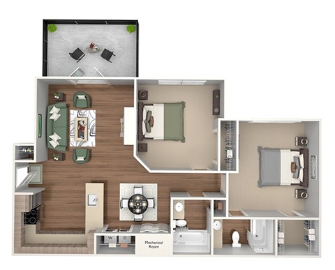 Floor plan for 2 beds, 2 baths, 949 sqft
